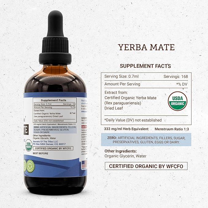 Secrets of the Tribe Yerba Mate USDA Organic Tincture | Alcohol-Free Extract, High-Potency Herbal Drops | Made from 100% Certified Organic Yerba Mate (Ilex paraguariensis) Dried Leaf (4 fl oz)