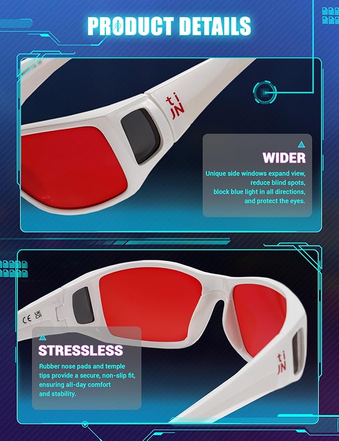 TIJN Sonia Sleep Glasses for Blue & Green Light Blocking,Red Lens with Dual AR Coating,Wraparound Frame for Gaming Screen