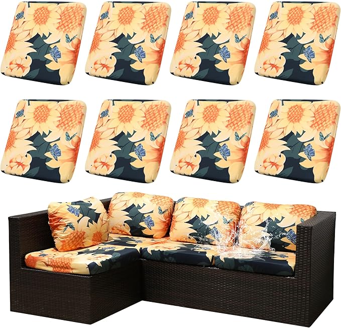 8Pcs Stretch Patio Cushion Covers Waterproof Outdoor Cushion Covers Patio Couch Cover Slipcovers, for Outdoor Furniture Protector Covers Replacement(Cover Only) (Sunflower)