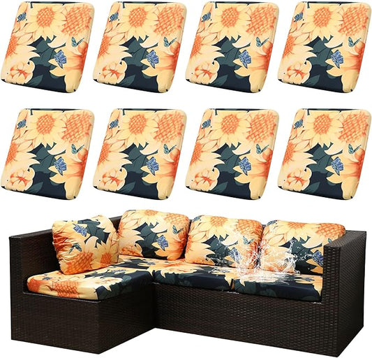 8Pcs Stretch Patio Cushion Covers Waterproof Outdoor Cushion Covers Patio Couch Cover Slipcovers, for Outdoor Furniture Protector Covers Replacement(Cover Only) (Sunflower)