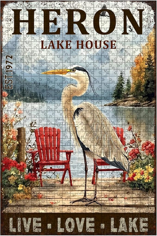 500 Piece Difficult Wooden Jigsaw Puzzle Heron Lake House Adults Kids Parent Child Educational Stress Relief Learning Toy 20.4x15 Inch