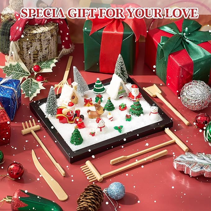 Soulchen Zen Garden Kit for Desk Decor Zen Sand Garden Box Set with Black Wooden Tray, Blue Sand, Tools & Accessories Japanese Gifts for Desktop Meditation Room Office Home (Christmas)