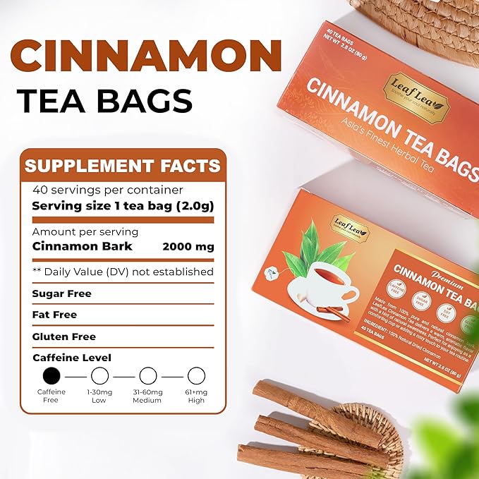 LeafLea Cinnamon Tea Bags, 80 Count (2-Pack), 100% Natural Ground Cinnamon Stick Herbal Tea, Spiced and Warming Flavor for Relaxation, Caffeine-Free, Sugar-Free, Vegan
