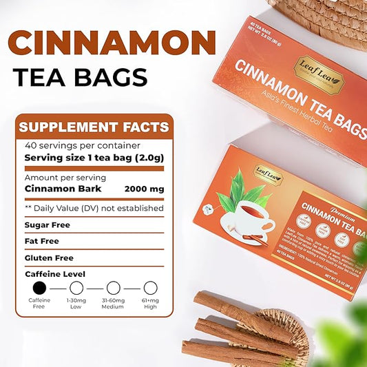 LeafLea 40 Cinnamon Tea Bags, 100% Natural Ground Cinnamon Stick Herbal Tea, Spiced and Warming Flavor for Relaxation, Caffeine-Free, Sugar-Free, Non-GMO, Vegan