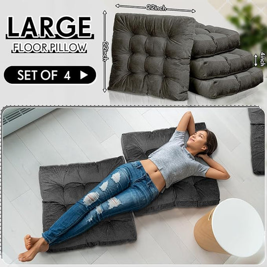 Jerify 4 Pcs Floor Pillow Cushions 22 x 22 Inch Round Square Large Meditation Floor Pillow for Classroom Adult Meditation Picnic Party Cushion for Seating Gift Christmas(Dark Grey,Square)