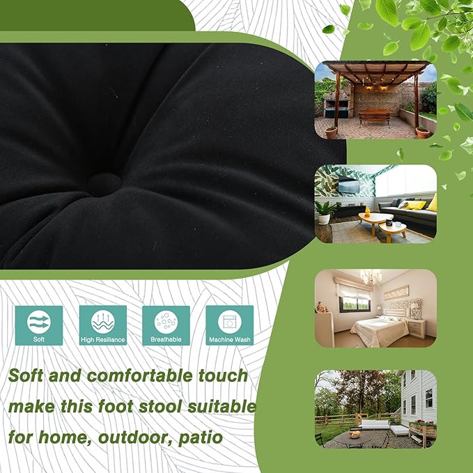 15" Foldable Foot Stool Ottoman with Metal Frame - Washable Black Upholstered Indoor/Outdoor Footrest for Living Room, Bedroom, Patio - Space-Saving Compact Design