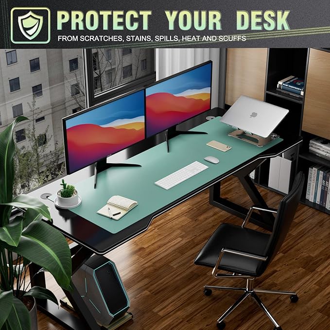 K KNODEL Large Office Leather Desk Mat, Mouse and Keyboard Pad, Computer and Laptop Mat, Desktop Protector and Cover, Writing Pad and Blotter (47.2"x17", Green)