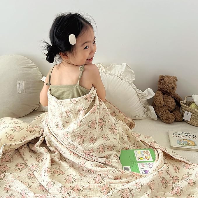 BuLuTu Muslin Baby Blankets for Toddlers Girls Boys, Soft Lightweight Large Crib Blanket 100% Cotton Muslin Baby Quilt for Toddler Bed/Crib/Cot, Floral Print, 47"x51"