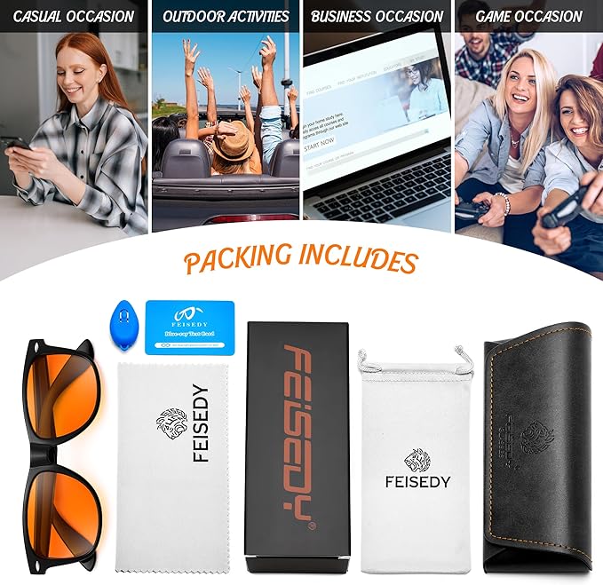 FEISEDY Orange Blue Light Blocking Glasses for Woman Men Amber Lenses Computer Gaming Glasses for Better Sleep