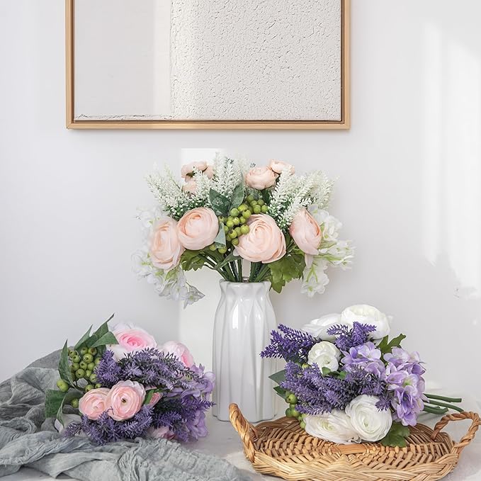 Faux Flowers in Vase for Table Decor, Fake Roses Lavender Plant Artificial Flowers in Vase, Silk Flower Bouquet Floral Arrangements for Home Decor Indoor Office Coffee Table Centerpiece, PeachPink