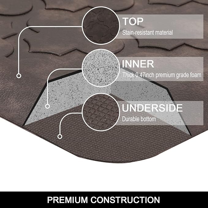 HEBE Oversized Kitchen Mat Cushioned Anti Fatigue Comfort Floor Mat 17.3"x48" Waterproof Non Slip Kitchen Rug Runner Laundry Room Rug Floor Carpet Heavy Duty Comfort Standing Mat Pads,Brown