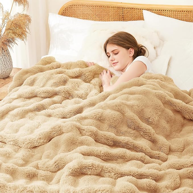 L'AGRATY Faux Rabbit Fur Blanket: 60" x 80" Twin Luxury Soft Fluffy Thick Fur Throw Blanket for Couch Bed - Cozy Plush Bubble Blankets for Winter: Flannel Fleece Decorative Blanket(Milk Tea Brown)