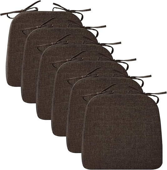 Chair Cushions for Dining Chairs, 2" Thick Seat Cushions for Kitchen Chairs, D-Shaped Chair Pads with Washable Cover, Ties and Non Slip Backing, 17'' x 16'', Set of 6, Brown