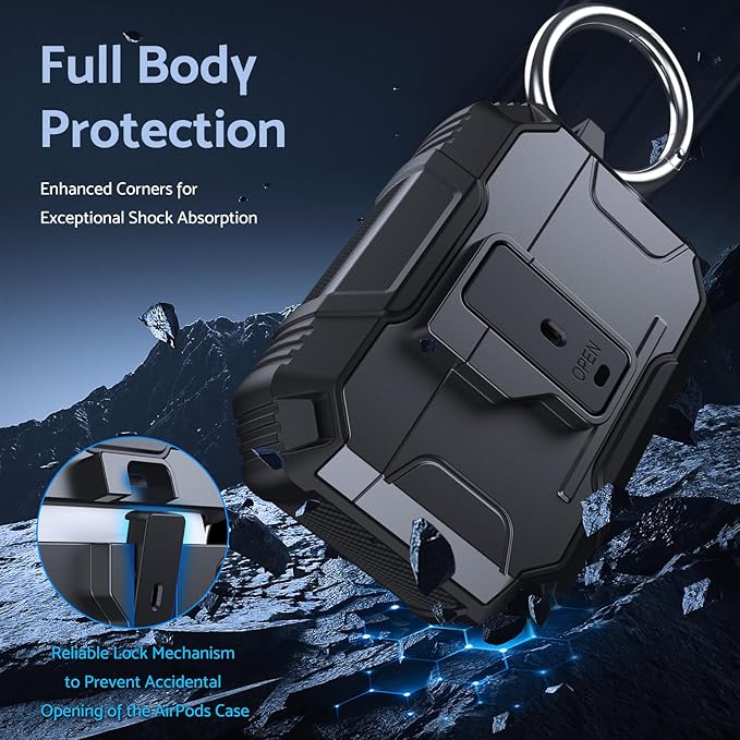 DASFOND Armor Earphone Cover Case for Airpods Pro, Military Grade Full Body Shockproof Protection Hard Case, Support Wireless Charging with Keychain, Magnetic Lid, Front LED Visible, Black