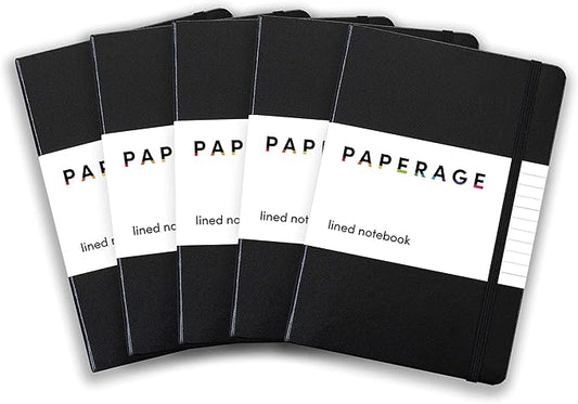 PAPERAGE Lined Journal Notebook, 5 Pack, (Black), 160 Pages, Medium 5.6 in x 8 in - 100 GSM Thick Paper – Hardcover Journaling Notebook for Work, School & Note Taking