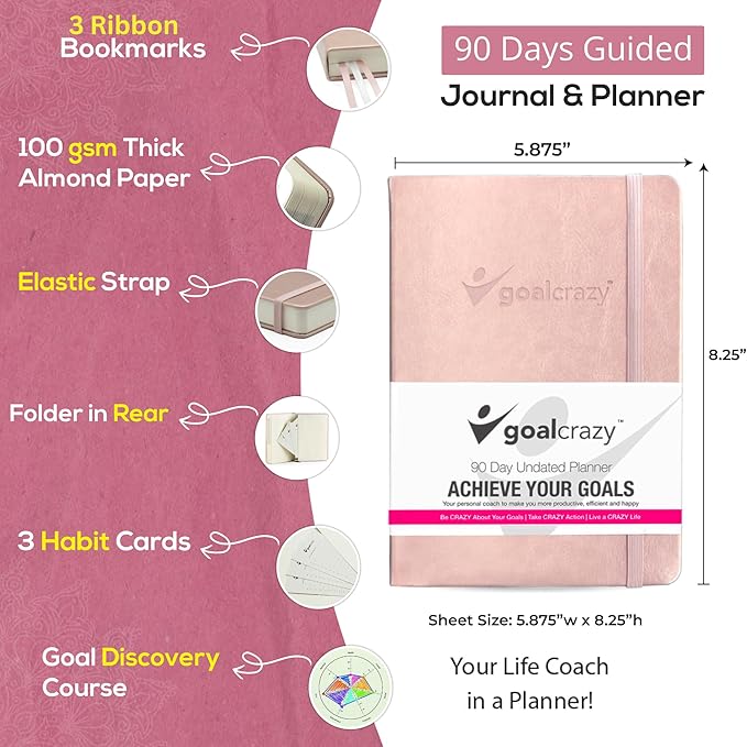 Undated Planner - 90 Day Guided Journal, 2025 2026 Weekly Organization, Productivity Habit Tracker, Inspirational, Life Setting, Rose Gold, Pink Leather, Almond Pages