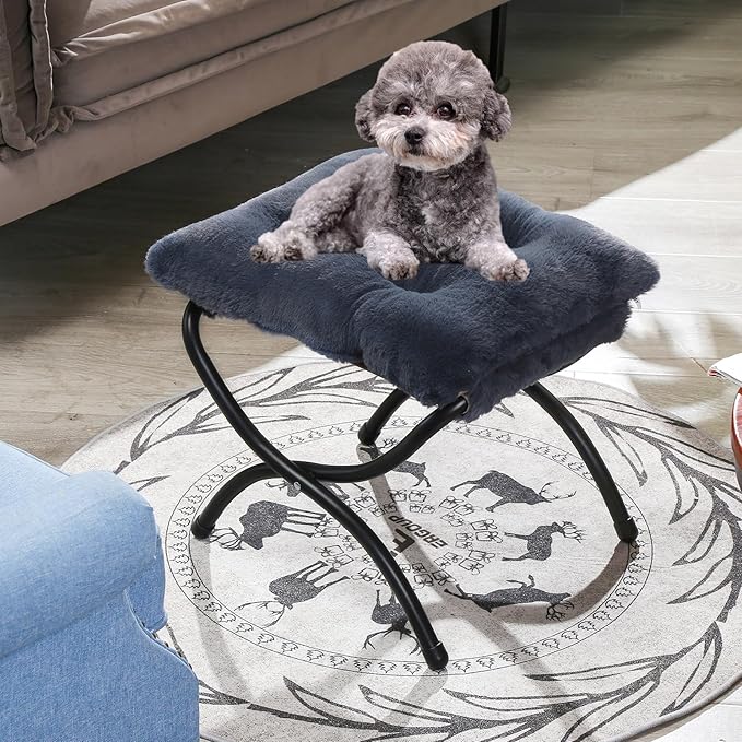 15" Foldable Foot Stool Ottoman with Metal Frame - Washable Faux Fur Navy Upholstered Indoor/Outdoor Footrest for Living Room, Bedroom, Patio - Space-Saving Compact Design