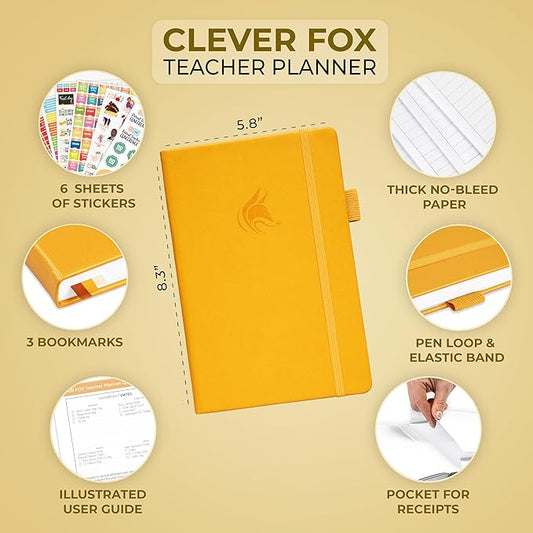 Clever Fox Teacher Planner – School Year Planner with Calendars & Lesson Plans – Teacher Plan Book for Classroom & Homeschool Organization - Undated, A5 Size, Hardcover (Amber Yellow)