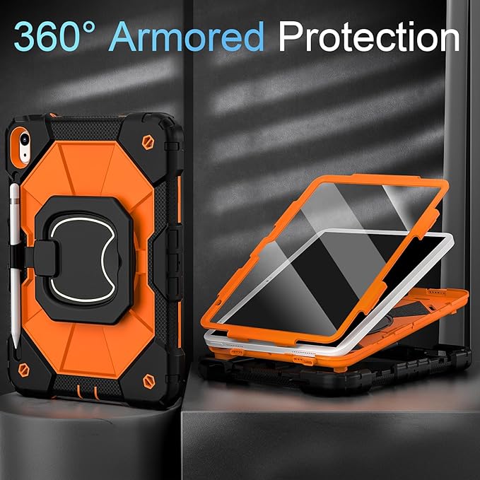 Case for iPad (A16) 11th Generation 11 Inch (2025) /iPad 10th Generation 10.9 Inch (2022) with Screen Protector/Rotating Stand,Military Grade Shockproof i Pad Case 10th Generation,Orange