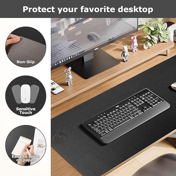 Wireless Charging Mouse Pad Firelison 2 in 1 Leather Multifunctional Office Desk Pad with Non-Slip Rubber Base, Waterproof Desk pad for Computers/Office/Work/Home/Decor（ 36" x 17"Black - L）