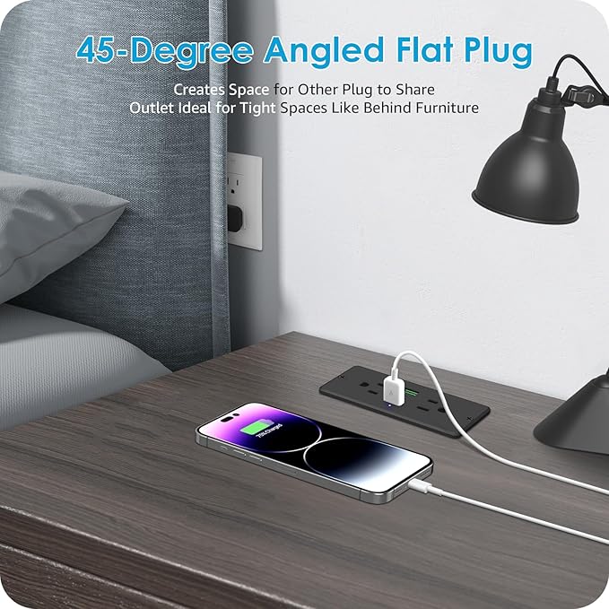 HHSOET 5 in 1 Recessed Power Strip Flat Plug, 45W Fast Charging Furniture Outlet with USB, Conference Recessed Socket with 2 AC Plugs, 2 USB Ports 1 USB-C, 10ft Power Cord. (Black)