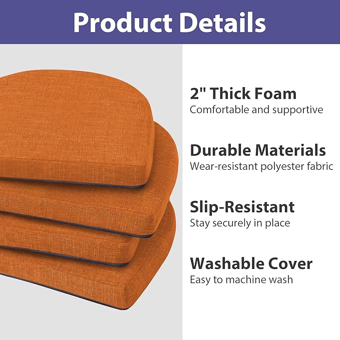 Chair Cushions for Dining Chairs with Ties and Removable Cover, Dining Kitchen Chair Pads with Non-Slip Bottom, High-Resilience Indoor Seat Cushions, 16'' x 16'' x 2'', Set of 4, Rust
