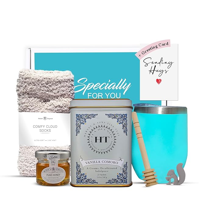 Tea Gift Set for Women – Thoughtful Get Well Gift Box with Cozy Socks, Stainless Tumbler, 20 Tea Sachets, Honey Jar & Sending Hugs Card (Vanilla Decaf - Cloud Socks)