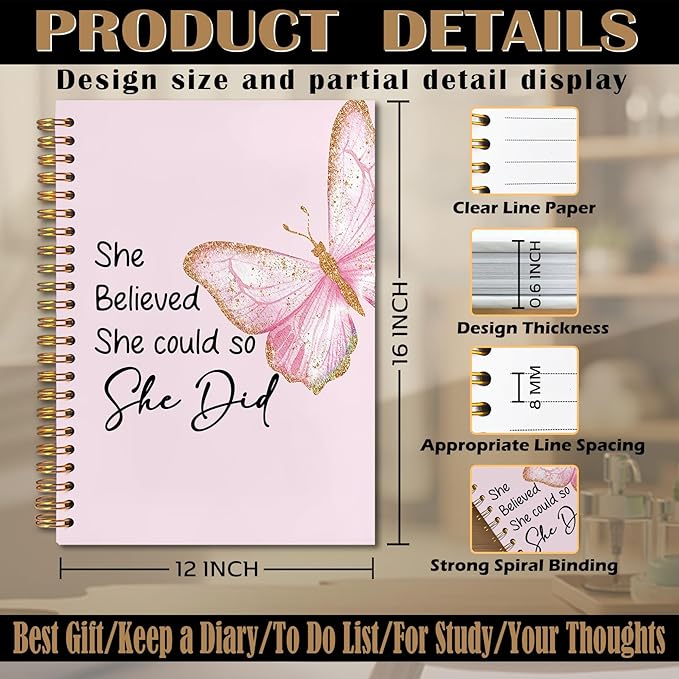 Pink Butterfly Inspirational Spiral Notebook 5.5x8.3, She Believed She Could So She Did Motivational Journal, Inspirational Encouragement Gifts for Women, Pink Office Supplies