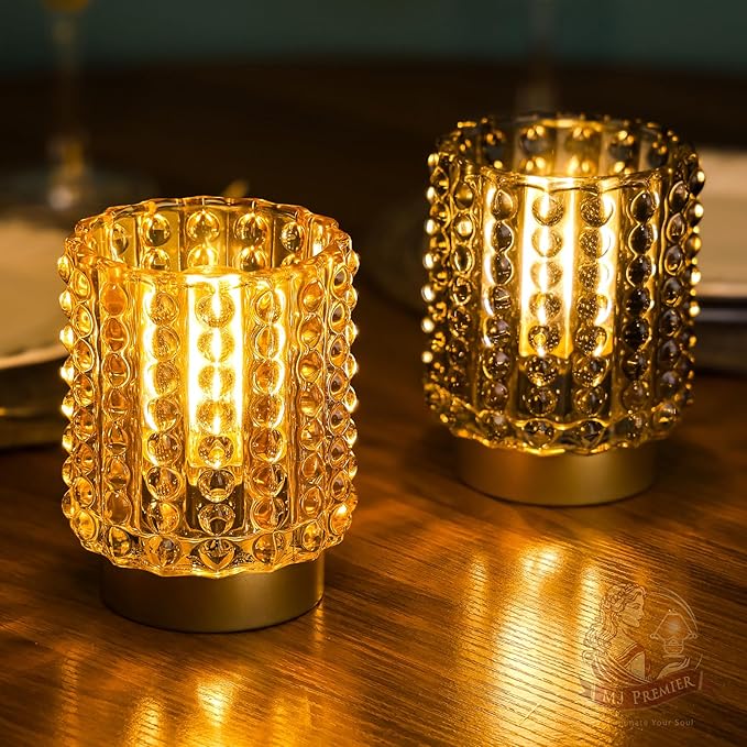 Battery Operated Lamp with Timer, Mini Crystal Table Lamps for Home Decor, Small Cordless Lamp for Areas No Outlets, Glass Battery Powered Lamps for Entryway, Bedroom, Bathroom, Shelf, Corner(Yellow)