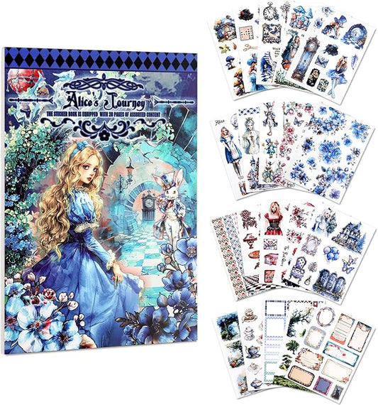 AVECMOI Alice in Wonderland Scrapbooking Sticker Book for Girls, 234 Vintage Fantasy Junk Journaling Stickers, Cute Mystery Sticker Set for Gifts, Party Favor, Card Making, Craft Supplies (Blue)