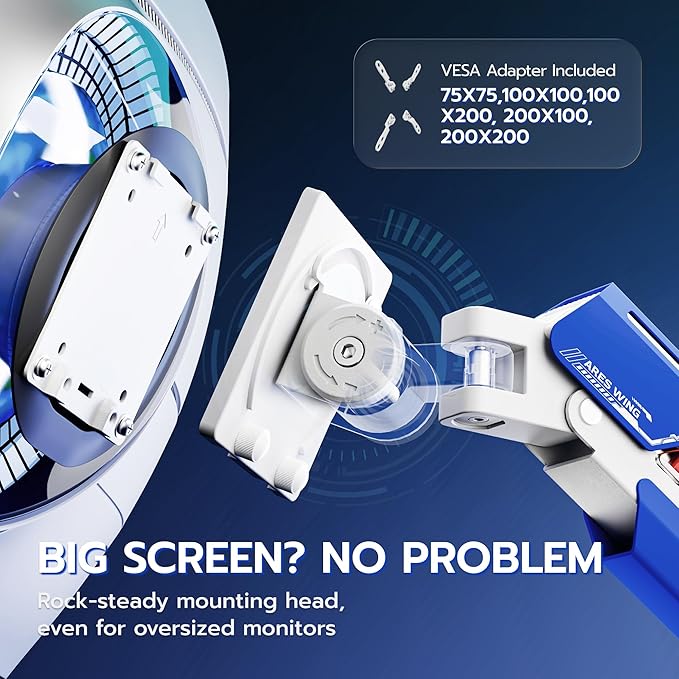 ARES WING Heavy Duty Single Monitor Arm - Gas Spring Aluminum Monitor Mount for 24"-57" Ultrawide Screens up to 66 lbs with Clamp/Grommet Desk Mount, 75/100/200 Vesa Mount, White