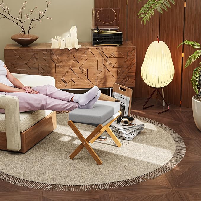 Foldable Foot Stool Ottoman, Modern Foot Rest with Bamboo X Legs & Thick Foam Cushion, Folding Foot Stools Small Padded for Bedroom Living Room, Makeup Vanity Stool Chair (Natural - Grey)