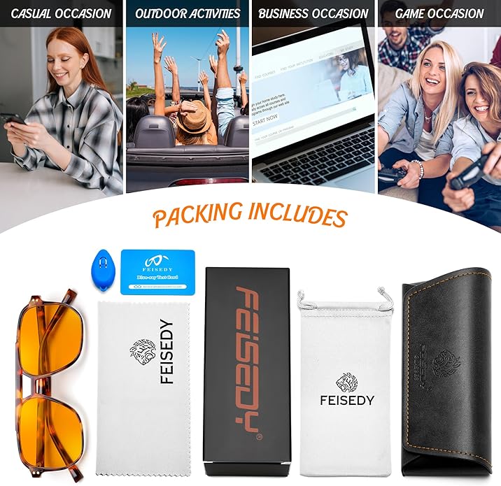 FEISEDY Amber Blue Light Glasses for Computer Gaming Anti Eyestrain Sleep Glasses G2835