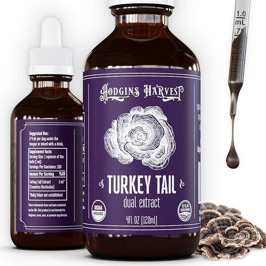Hodgins Harvest Organic Turkey Tail Tincture | Made with Mushrooms Grown On Our Farm in The USA | Dual Extract | Extra-Concentrated (4 fl oz)