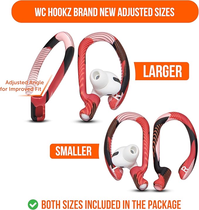 WC HookZ - Patented Upgraded Over Ear Hooks for AirPods Pro 1, 2 & AirPods 1, 2 & 3- Two Size Pairs Included in Package, Unique Left & Right Hook, Made by Wicked Cushions | Red Prism
