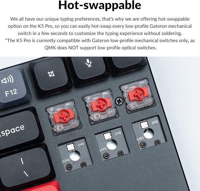 Keychron K1 Pro TKL Layout Ultra-Slim QMK/VIA Custom Bluetooth Wireless/USB Wired Mechanical Keyboard with Hot-Swappable Low-Profile Gateron Red Switch, RGB Backlight PBT Keycaps for Mac Windows Linux