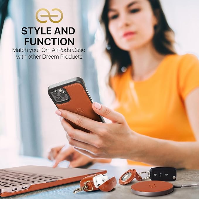 Dreem Om Case Cover with Keychain Clip Compatible with AirPods Pro 2/Pro, Protective One-Piece Hard Shell, Luxury Vegan Leather AirPod Pro Case 2nd/1st Generation with Separate Clip [Caramel]