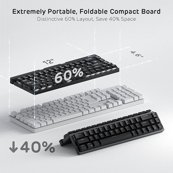 RK ROYAL KLUDGE F68 60% Foldable Low Profile Mechanical Keyboard, Wireless Mechanical Keyboard with Aluminum Body, Built-in Stand Holder, White Backlit, 68 Keys, Tactile Brown Switch