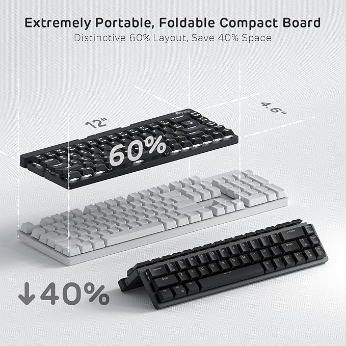 RK ROYAL KLUDGE F68 60% Foldable Low Profile Mechanical Keyboard, Wireless Mechanical Keyboard with Aluminum Body, Built-in Stand Holder, White Backlit, 68 Keys, Tactile Brown Switch