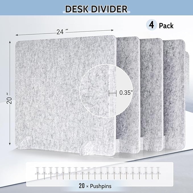 4 Pack Acoustic Desk Dividers - 24" x 20" Freestanding Privacy Panels Set with Noise - Reducing Design Cubicle Sound Proof, Ideal for Office, Classroom, and Home (Silver Gray)