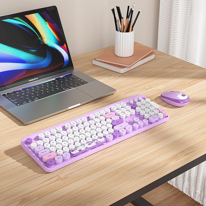 GTSP Typewriter Purple Keyboard and Mouse Wireless, Cute Keyboard 2.4G Office Full-Size Retro with Round Keycaps for Laptop PC Desktops（Purple）