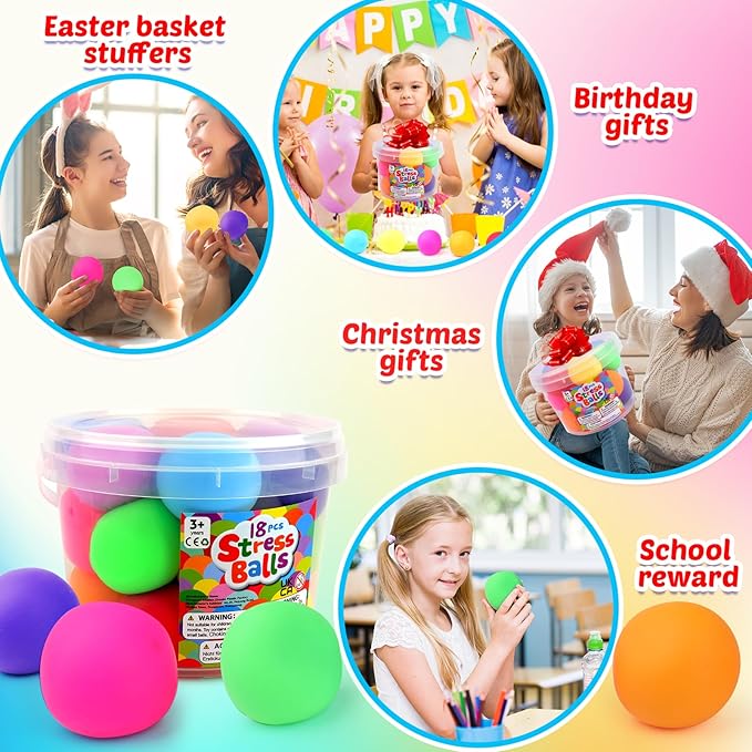 Squishy Stress Balls for Kids Adults: 18 Pack Stretchy Fidget Ball for Anxiety Stress Relief, Hand Therapy Sensory Squishy Ball, Party Favors classroom must haves, Fidgets for Classroom Prize Box Toys