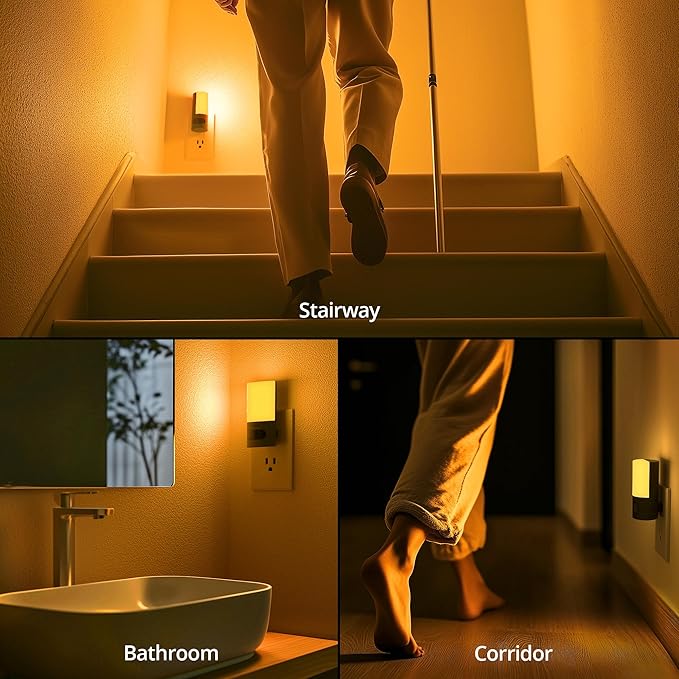 Lyridz Plug-in LED Amber Night Light with Motion Sensor, Rotatable, Dimmable Backlit Nightlight, 1-150lm Adjustable Brightness for Bathroom, Bedroom, Hallway, Stairs, 2 Pack