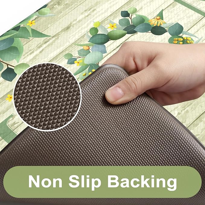 KIMODE Anti Fatigue Kitchen Mats for Floor 2 Piece,Farmhouse Spring Rugs Non Slip,Cushioned Memory Foam Carpet for Sink Laundry Office Bathroom,Green 17"x47"+17"x29"
