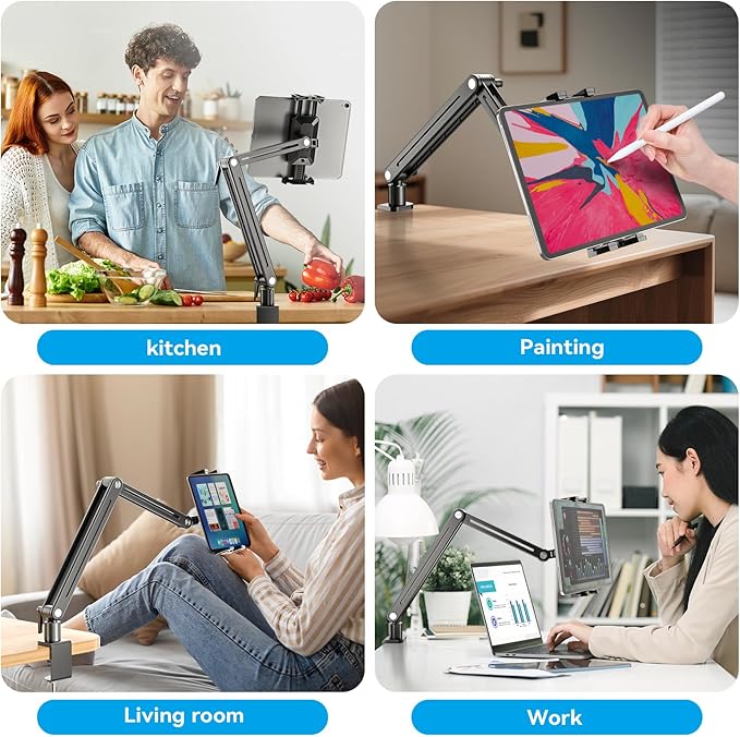 Adjustable Portable Monitor Stand 15.6" - 360° Rotating Base Tall Tablet Desk Arm Holder Stand for iPad Air/Pro/Mini Swivel Flexible Bed Clamp Mount Soporte para Tablet/Monitor Portatil/Ereader