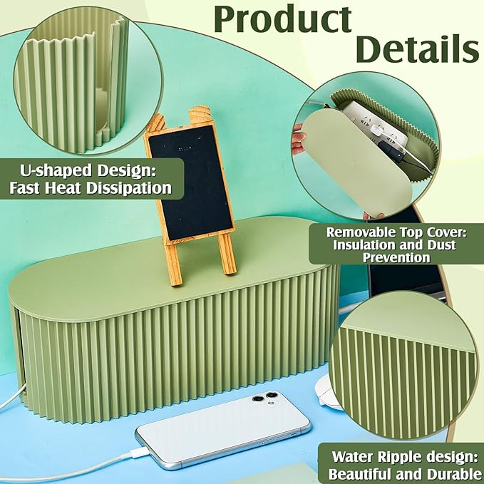 Marsui 2 Pcs Cable Management Box Cord Hider Organizer with 46 Pcs Cable Management Kit Wire Box for Power Strips Surge Protectors Desk TV Computer Wires Home Office(Grayish Green)