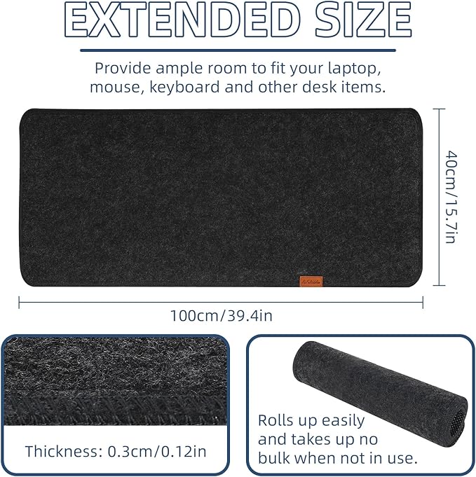 Large Felt Desk Protective Pad, 100X40cm/40''X16''Non-Slip Felt Desk Mat Extended Gaming Mouse Pad Large Desk Pad Protector for Keyboard, Computer, Mouse, Laptop (Dark Grey)