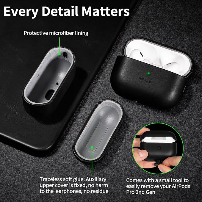 Belemay for AirPods Pro 2nd Generation Case, Compatible with MagSafe and Wireless Charging, Luxury Full-Grain Smooth Leather, Unique Patina, Comfort Grip, Compatible with Airpods Pro 2, Black