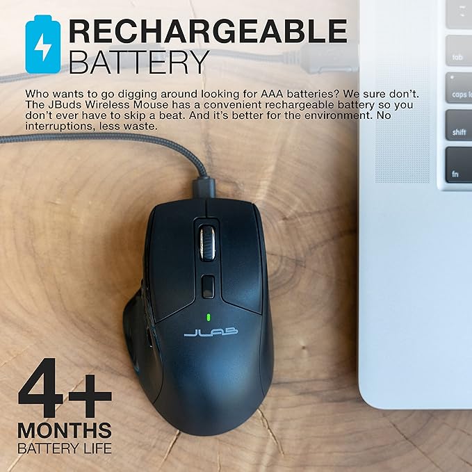 JLab JBuds Wireless Mouse, Connect Via Bluetooth or USB Wireless Dongle, Multi-Device Toggle, Up to Three Devices, Custom User Profiles, Adjustable Tracking, Full-Size, Rechargeable, (1 Pack)