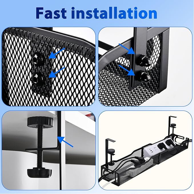 Clamp-On Under Desk Cable Management Tray – 25.3 Inch No Drill Metal Wire Organizer for Home Office & Standing Desk Setup (Black)
